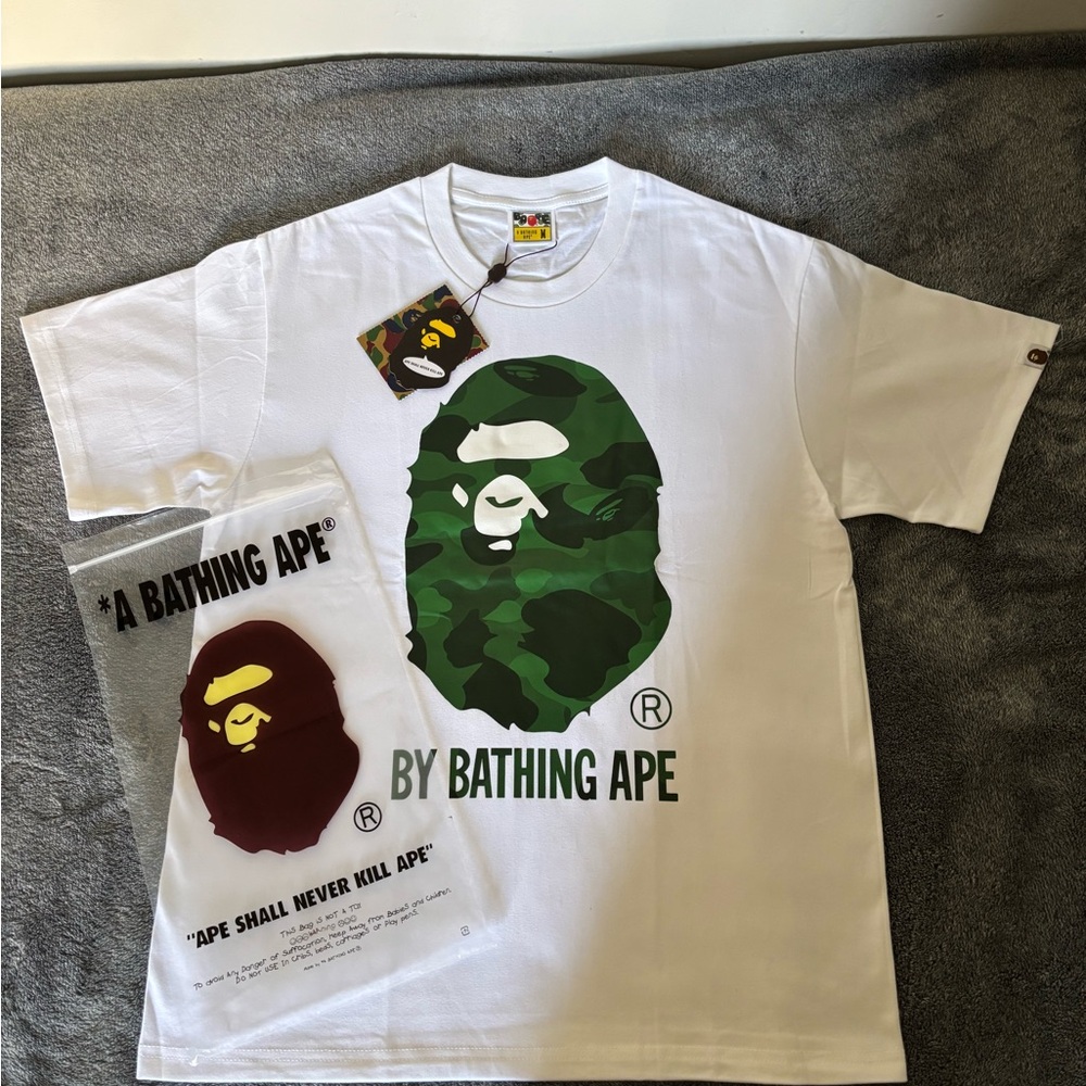 Bape White Tee with Green Camo Ape Logo